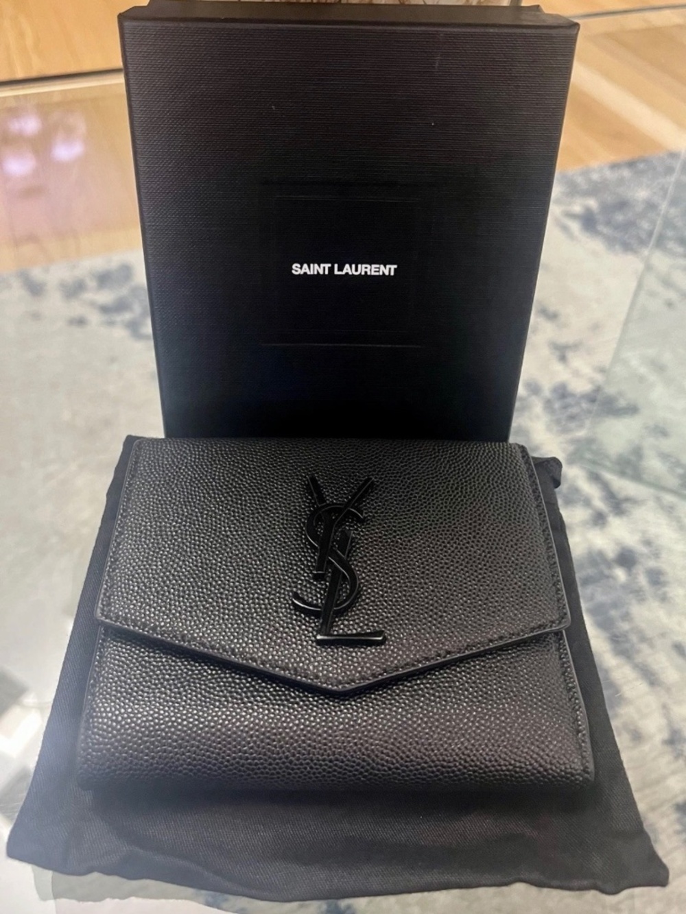 Authentic (YSL) Women’s Uptown Compact Wallet Grain de Poudre Leather (Black).